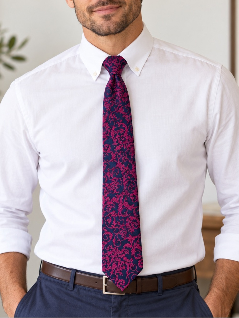 Hisdern Men’s Navy Fuchsia Floral Scroll Necktie Bold Dress Tie